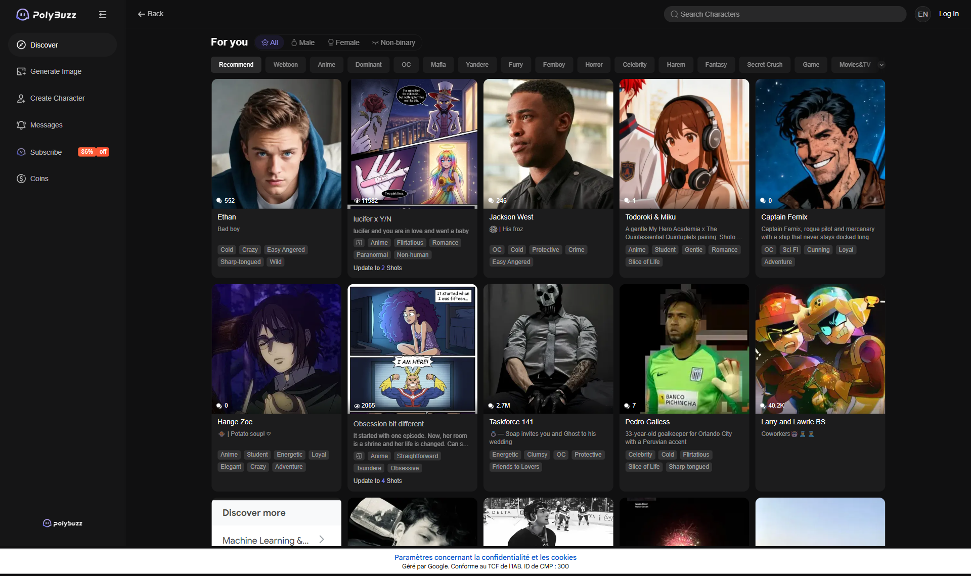Character Discovery Page Screenshot